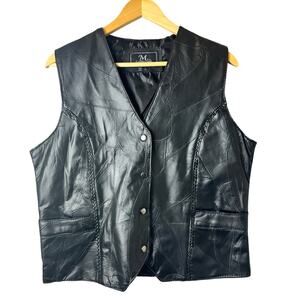 Women’s Black Leather Biker Vest Size Large Pockets Braided Detail Snap Gothic